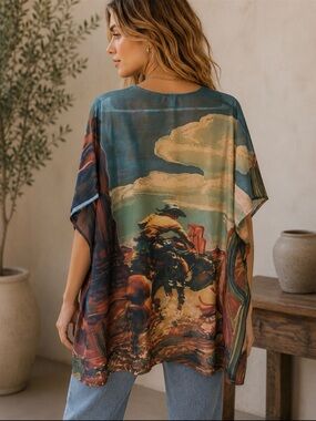 Lucky & Blessed Western Kimono Duster Cowboy Print Sheer Size Small